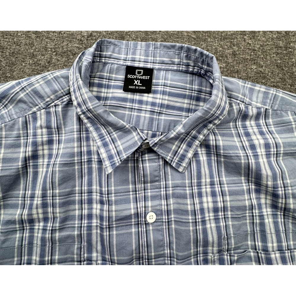 ScotteVest Mens‎ Blue Plaid Short Sleeve Button Up Shirt Hidden Pockets Size XL